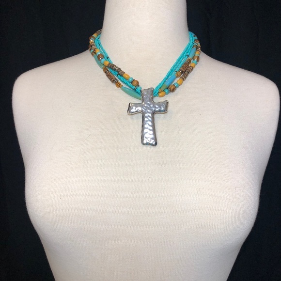 Blue & Brown Beaded Cross Necklace Earrings Set - Picture 2 of 3